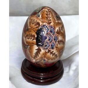 Vintage Cloisonne Egg with Wood Stand. Hand Painted Enamel with Floral Designs